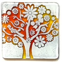 Handgefertigter Untersetzer Oder Fliese - Glas Baum Der Liebe Lebendiges Rot & Gelb Hergestellt Aus Recycelten Materialien von PhaedraGlassGifts
