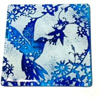 Handgefertigter Untersetzer Oder Fliese - Verschmolzener Glaskolibri Kobaltblau & Aqua Hergestellt Aus Recycelten Materialien von PhaedraGlassGifts