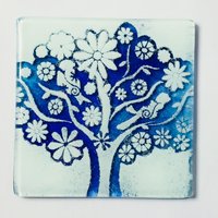 Handgefertigter Untersetzer Oder Fliese - Verschmolzenes Glas Baum Der Liebe Geschenk Kobaltblau & Aqua Hergestellt Aus Recycelten Materialien von PhaedraGlassGifts
