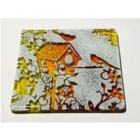 Handgefertigter Untersetzer Oder Fliesenvogelhaus - Rot & Gelb Hergestellt Aus Recycelten Materialien Zu Verschmolzenen Glasgeschenken von PhaedraGlassGifts