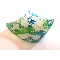 Handgemachte Schale Kleiner Verschmolzener Glas Kolibri - Aqua & Grün Hergestellt Aus Recycelten Materialien von PhaedraGlassGifts