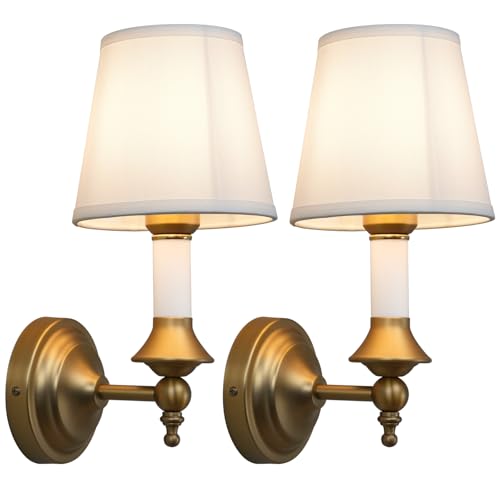 Phansthy 2 Stücke Wandleuchte Wandlampe Innen Wandleuchten E27 Wandlampe Vintage Wandleuchten mit Gold Messing Metal und Weiße Stoffschirm, für Schlafzimmer Wohnzimmer Flur (2 Stk Weißfarbe) von Phansthy