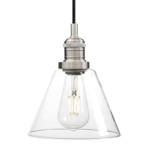 Phansthy Pendelleuchte Vintage Industrie Hängeleuchte Hängelampe Lampe Kronleuchter aus Trichter Klar Glas E27 Lampenfassung Deckenleuchte für Küche Keller Wohnzimmer(Gebürsteter Edelstahl Farbe) von Phansthy