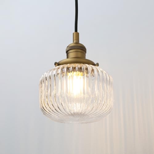 Phansthy Vintage Pendelleuchte E27 Industrielle Hängeleuchte mit Kürbisform gestreiftem Klarglas Lampenschirm Hängelampe Deckenleuchte Pendellampe für Esszimmer, Wohnzimmer, Restaurant(Antike Farbe) von Phansthy
