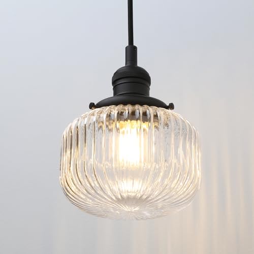 Phansthy Vintage Pendelleuchte E27 Industrielle Hängeleuchte mit Kürbisform gestreiftem Klarglas Lampenschirm Hängelampe Deckenleuchte Pendellampe für Esszimmer, Wohnzimmer, Restaurant (Schwarz Farbe) von Phansthy