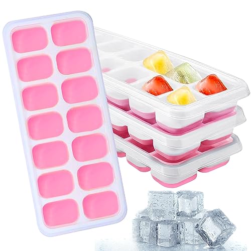 Phantasy® Eiswürfelform Silikon Mit Deckel 4 PACK, Platzsparend und Stapelbar Ice Cube Tray Eiswürfelbehälter für Babybrei Enfrieren, Gekühlte Getränke, Rosa von Phantasy