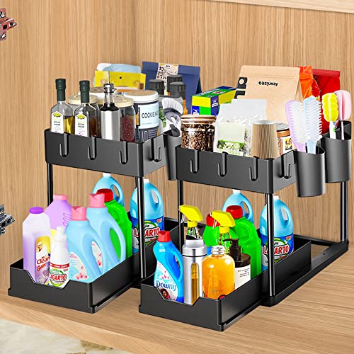 Phantasy Küchenschrank Organizer 2 PCS, 2 Ebenen Unter Waschbecken Regal mit 8 Haken und 4 Tasse, Aufbewahrung unter der Spüle, Ausziehbarer Korb unter dem Schrankboden, Schwarz von Phantasy