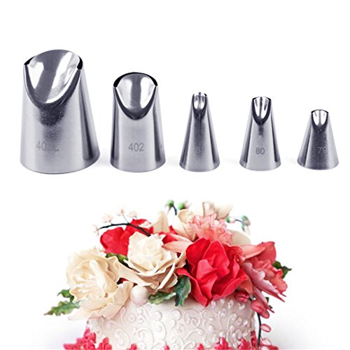 PhantomSky 5 Teiliges Rose Spritztüllen Set Profi Edelstahl Falten Spritztüllen, Vereisung Rohrdüsen Kuchendekoration Düsen Tülle Spritzdüse Flacher Mund Spritztülle Garniertülle Spitzen DIY Werkzeug von WEIPAI