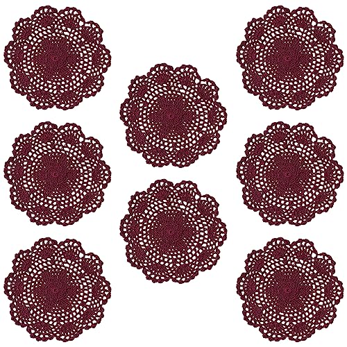 Phantomon 8 Zoll Deckchen gehäkelte runde Spitzendeckchen handgefertigte Tischsets 100% Baumwolle gehäkelte Untersetzer, Blumendesign, 8 Stück (Burgundy) von Phantomon