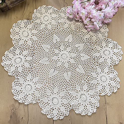 Phantomon Handgefertigte, gehäkelte Tischsets, runde gestrickte Tischdecke mit Sonnenblumen-Muster, 100% Baumwolle (Beige, 61 cm) von Phantomon