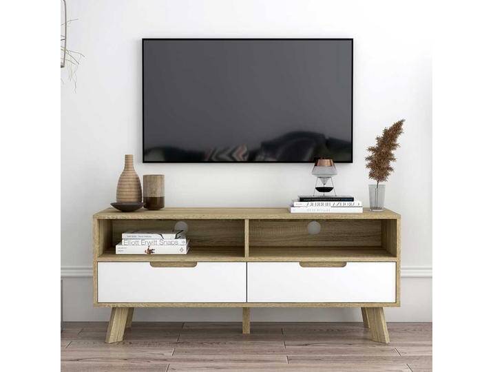 140 cm breite TV Bank in Weiß und Sonoma Eiche zwei Schubladen von Pharao24.de