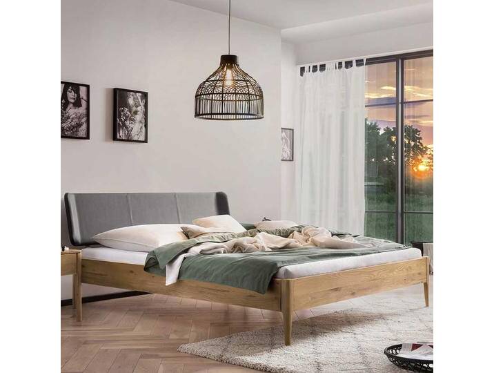 140x00 cm Bett Wildeiche geölt mit Polsterkopfteil in Dunkelgrau von Pharao24.de