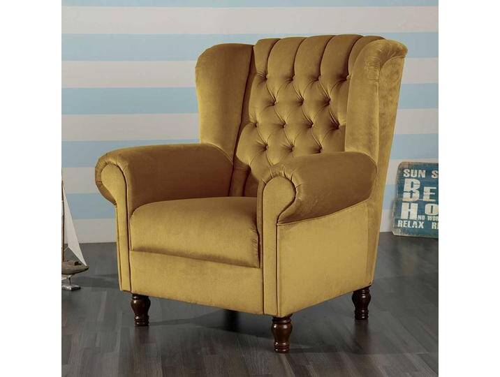Armlehnsessel Samtvelours im Chesterfield Look Gelb und Nussbaumfarben von Pharao24.de