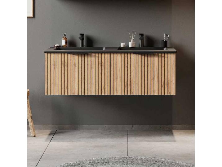 Bad Wandschrank mit Becken in Wildeichefarben & Schwarz 120 cm breit von Pharao24.de