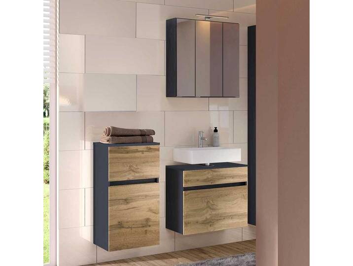 Badezimmer Set in Wildeichefarben und Anthrazit Spiegelschrank (dreiteilig) von Pharao24.de