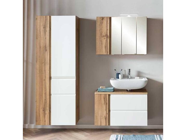 Badmöbel-Set mit Spiegelschrank in Weiß Wildeichefarben (dreiteilig) von Pharao24.de