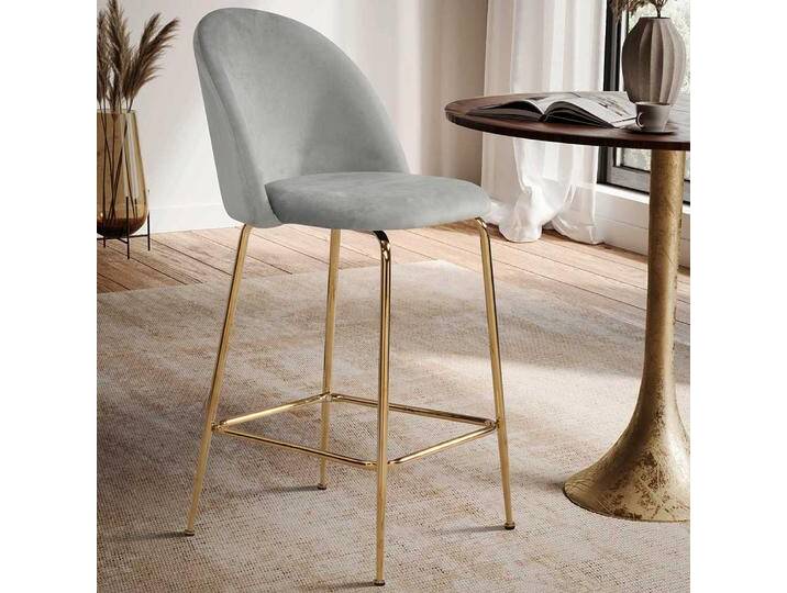 Barhocker Set, Grau & Goldfarben, 50x50x102 cm, Samt & Metall, 2er Set, Retro von Pharao24.de
