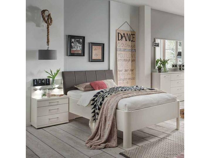 Bett mit Nachtkommode in Weiß Polsterkopfteil in Braun (zweiteilig) von Pharao24.de
