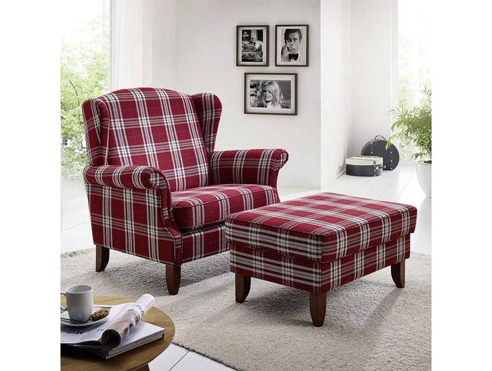 Big Sessel Karo rot im Landhausstil optional mit Fußhocker von Pharao24.de