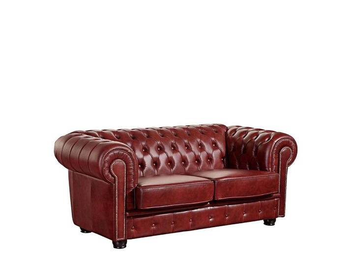 Chesterfield Zweisitzer Sofa in Dunkelrot Echtleder mit Zierknöpfen von Pharao24.de