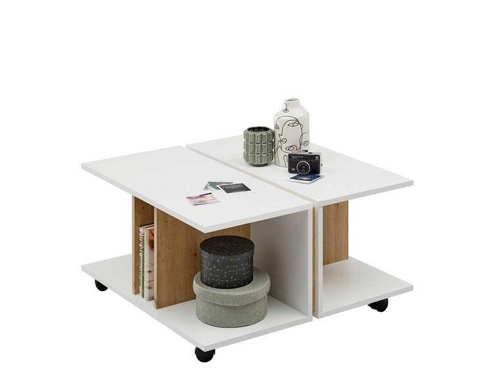 Couchtisch mit Rollen in Wildeichefarben und Weiß 41 cm hoch von Pharao24.de