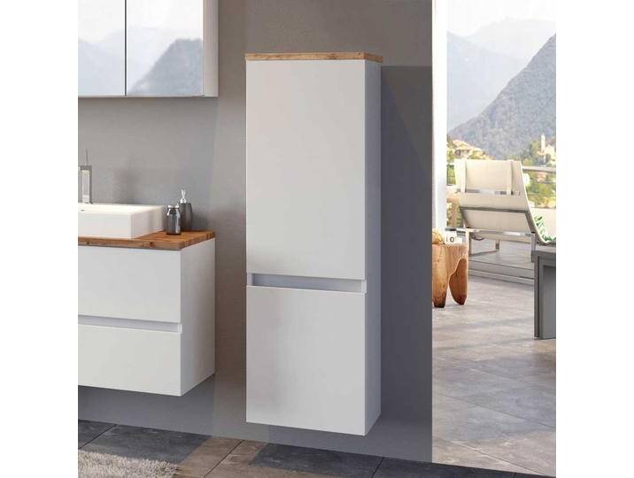 Design Bad Hochschrank in Weiß und Wildeiche Optik 40 cm breit von Pharao24.de