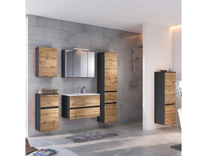 Design Badezimmer Set in Wildeichefarben Anthrazit (sechsteilig) von Pharao24.de