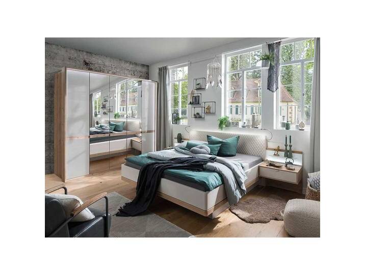 Design Schlafzimmer Set in Eiche Bianco und Beige modern (vierteilig) von Pharao24.de