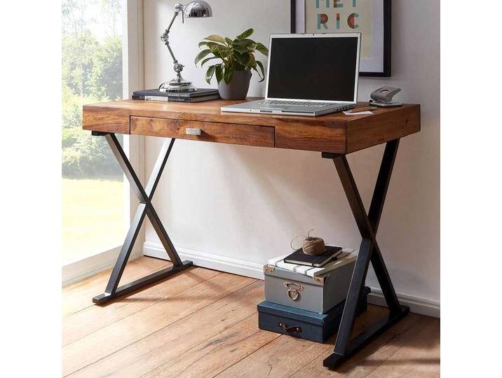 Design Schreibtisch aus Sheesham Massivholz und Stahl 120 cm breit von Pharao24.de