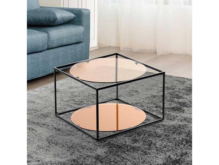 Design Sofatisch mit runden Glasplatten in terracottafarben Bügelgestell in Schwarz von Pharao24.de