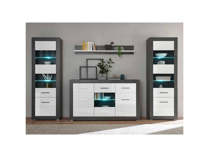 Design Wohnwand in Weiß Hochglanz und Beton Grau Sideboard (vierteilig) von Pharao24.de