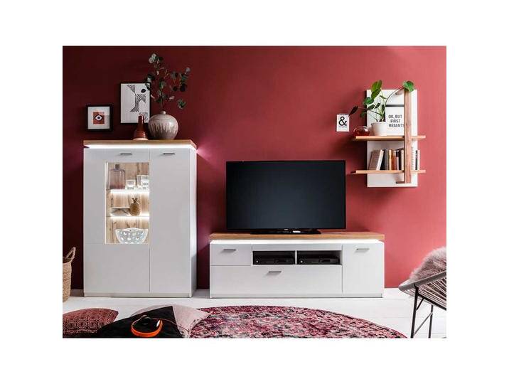Design Wohnwand in Weiß und Wildeiche Optik LED Beleuchtung (dreiteilig) von Pharao24.de