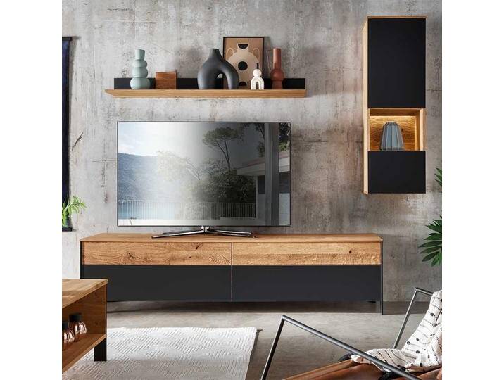 Design Wohnwand massiv aus Wildeiche Massivholz 240 cm breit (dreiteilig) von Pharao24.de