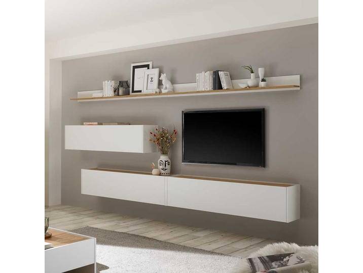 Design Wohnwand mit 3 Hängeschränken Wildeichefarben und Weiß (fünfteilig) von Pharao24.de