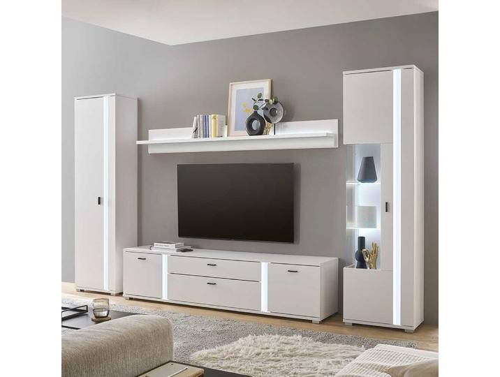 Design Wohnwand weiß matt mit LED Beleuchtung 200 cm hoch (vierteilig) von Pharao24.de