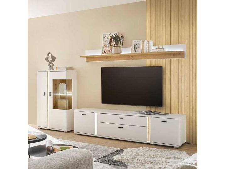 Designer Wohnwand modern in Weiß Wildeichefarben (dreiteilig) von Pharao24.de