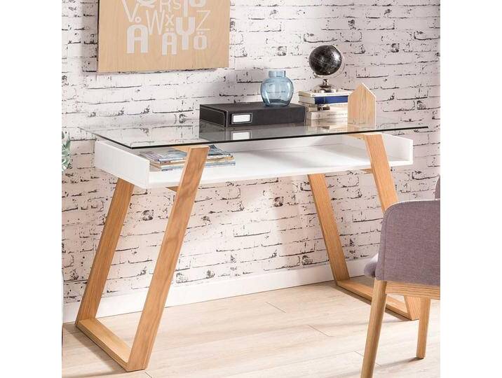 Designschreibtisch in Weiß und Eiche Massivholz Glasplatte von Pharao24.de