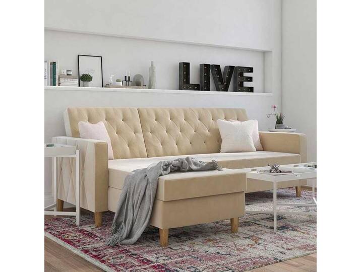 Ecksofa Samt Cremefarben mit Rücken Klappmechanik 213 cm breit von Pharao24.de