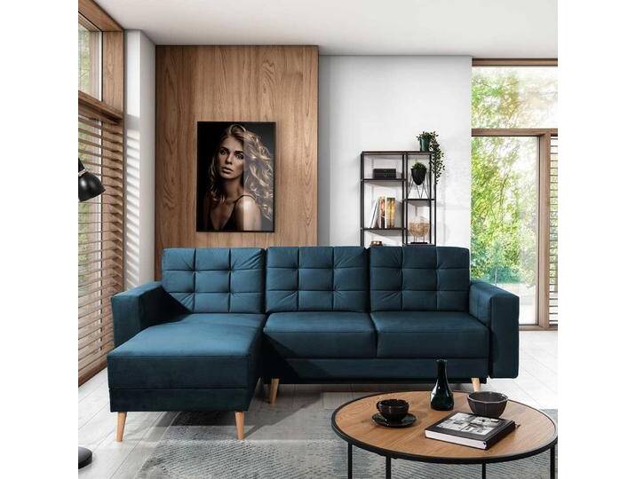 Ecksofa Schlafsofa in Dunkelblau aus Samt von Pharao24.de