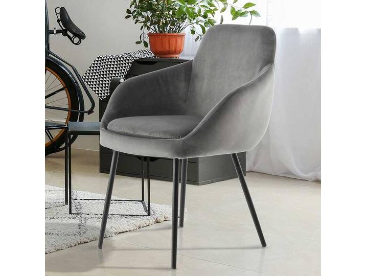Esstisch Stühle in Grau Samt Eisengestell in Schwarz (2er Set) von Pharao24.de
