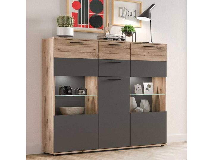 Esszimmervitrinenschrank in Wildeichefarben und Grau 140x134x37 cm von Pharao24.de