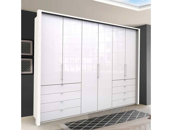 Falttüren Schlafzimmerschrank in Weiß Glas beschichtet acht Schubladen von Pharao24.de