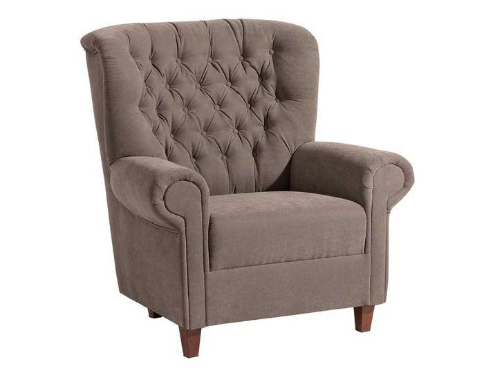 Federkern Polstersessel in Beigegrau und Nussbaumfarben Chesterfield Look von Pharao24.de