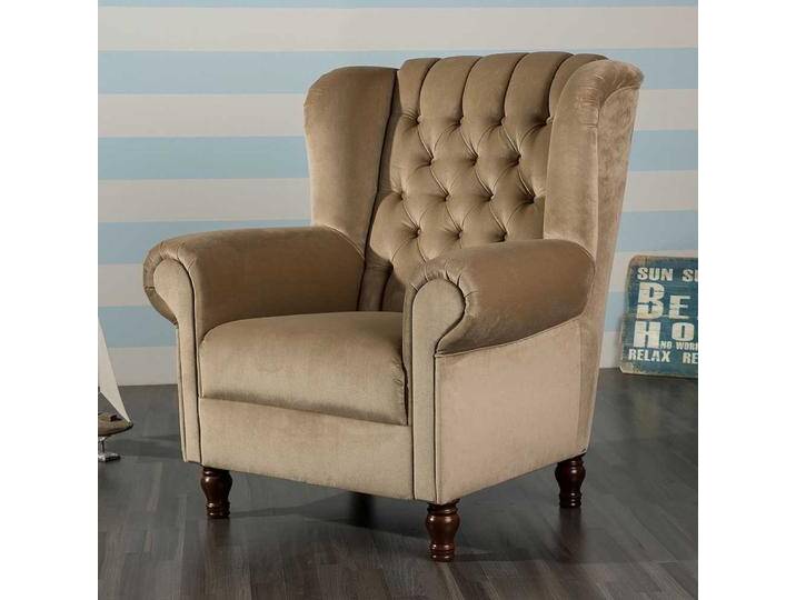 Federkern Wohnzimmer Sessel in Beige Samt Chesterfield Look Federkern Wohnzimmer Sessel in Beige Samt Chesterfield Look von Pharao24.de