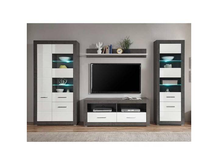 Fernseher Wohnwand in Weiß Hochglanz und Beton Grau 315 cm breit (vierteilig) von Pharao24.de