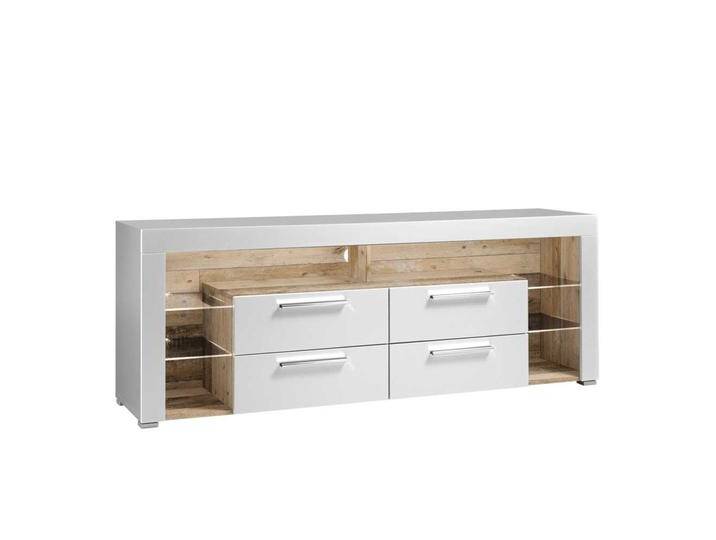 Fernsehunterschrank in Weiß und Holzoptik antik vier Schubladen von Pharao24.de