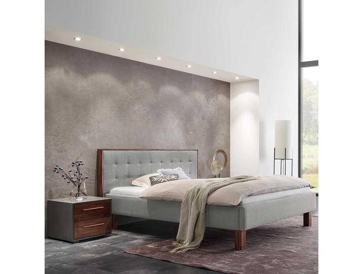 Franzoesisches Bett 140x200 cm aus Webstoff und Holz Grau und Nussbaum von Pharao24.de