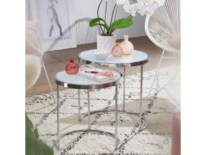 Glastisch Set in Weiß und Chromfarben rund (zweiteilig) von Pharao24.de