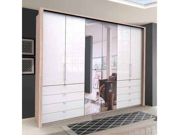 Gleittüren Schlafzimmerschrank mit Spiegel und Schubladen glasbeschichtet von Pharao24.de