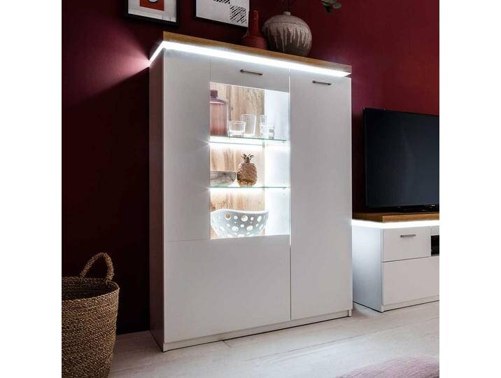 Highboard Vitrine in Weiß und Wildeiche Optik LED Beleuchtung von Pharao24.de